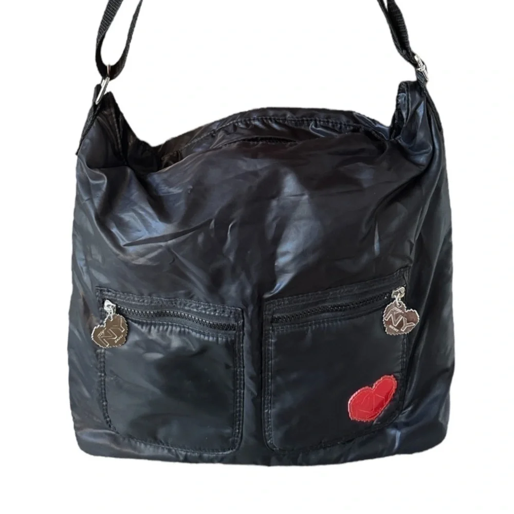 DKNY NY 90s Black Nylon Crossbody Messenger Bag Heart Logo Y2K Large Streetwear